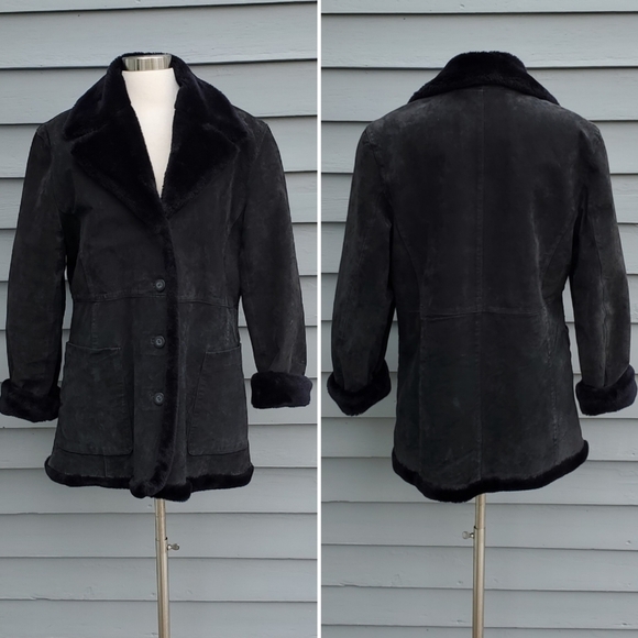 Vintage 90s y2k Bratz Black Leather Plush Faux Fur Lined Penny Lane Rancher Coat - Picture 1 of 8